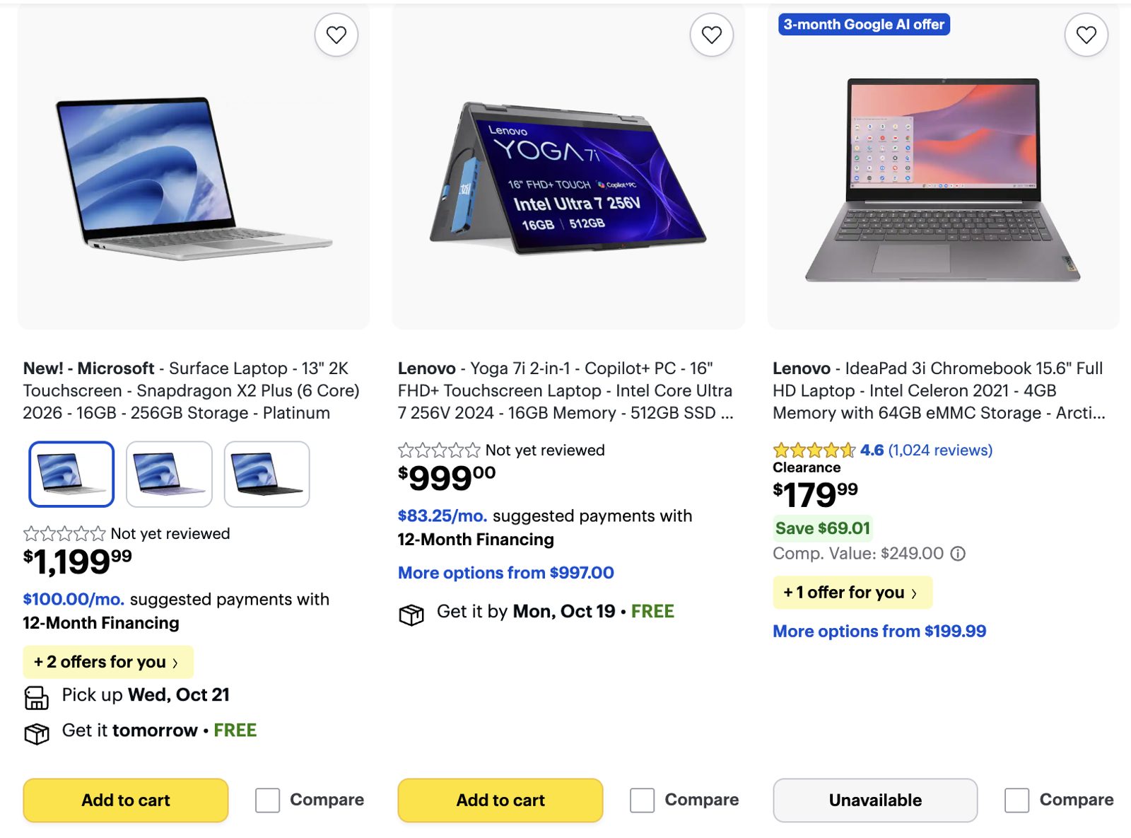 Three Best Buy laptops for the same shopper in October 2026: one with pickup and next-day shipping, one with shipping only, and a clearance Chromebook whose button reads Unavailable
