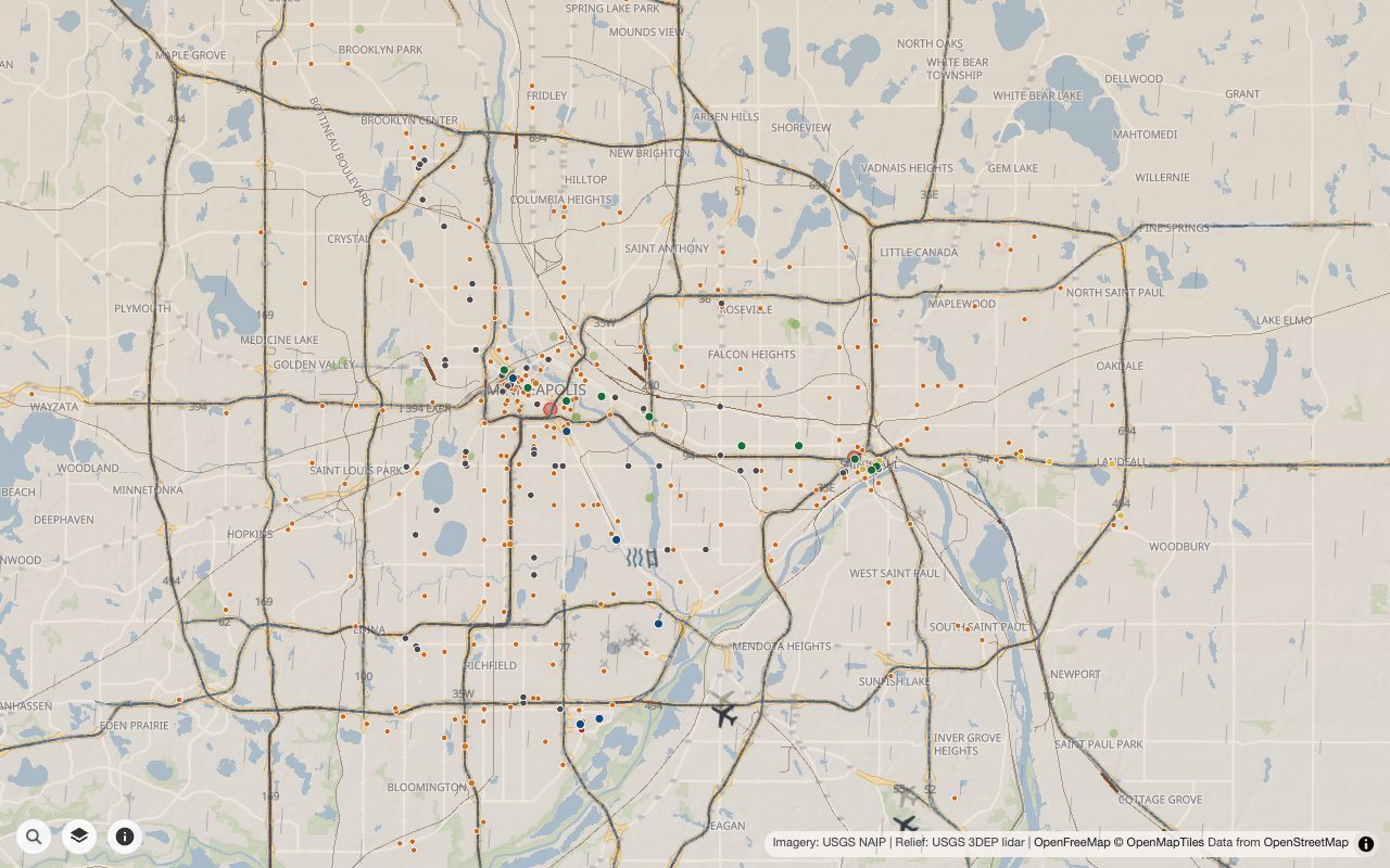 Minneapolis From Above by day: buses, trains and planes over the metro map