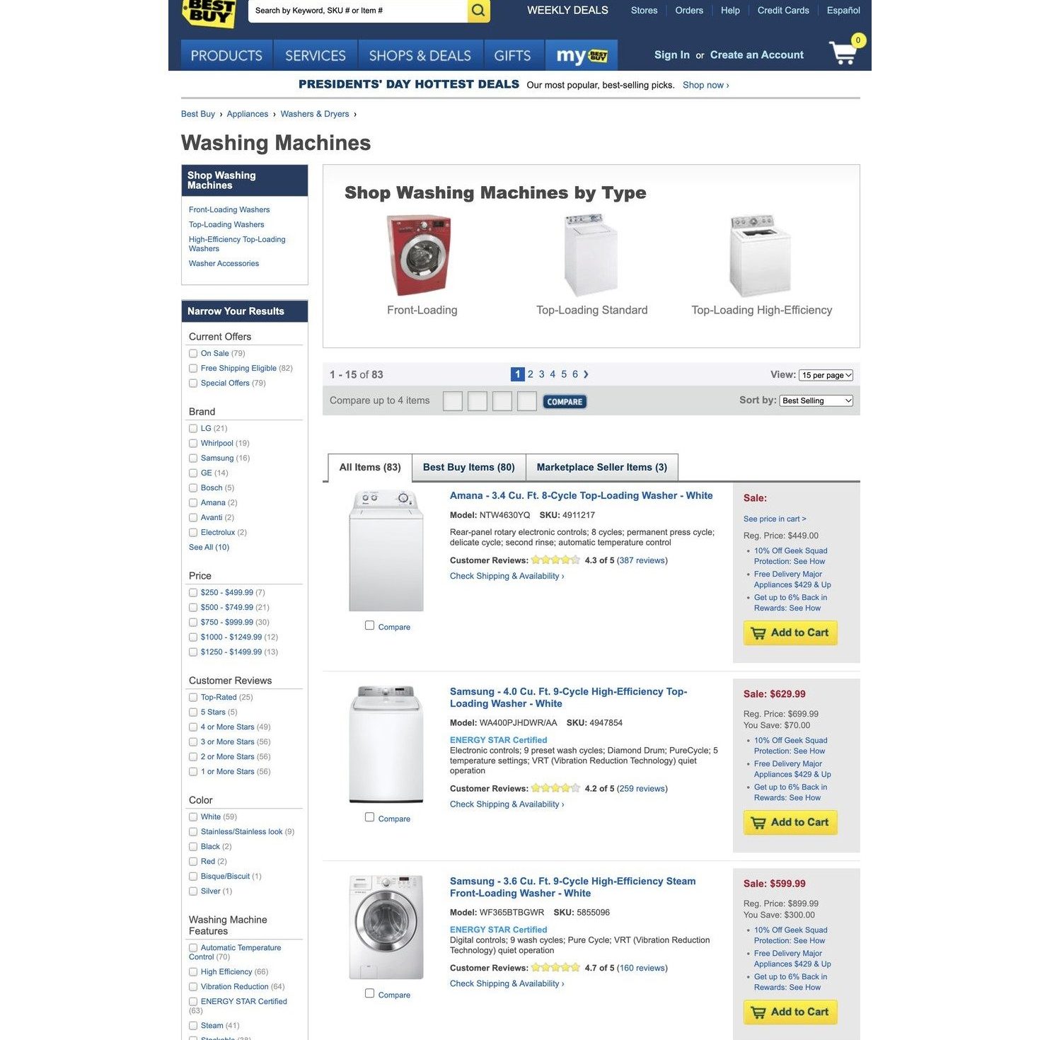 Best Buy washing machines listing in February 2014 with no delivery or installation dates