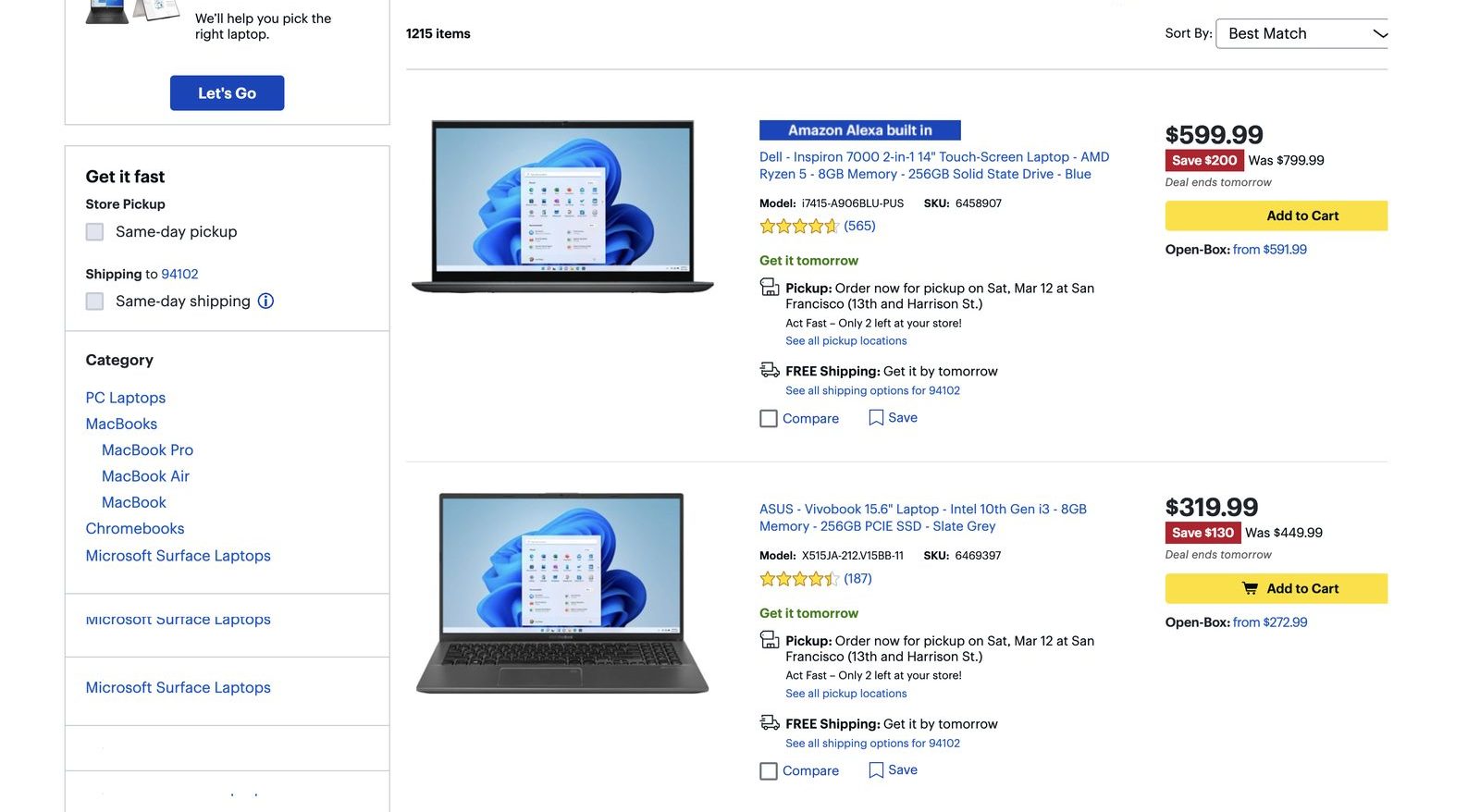 Best Buy laptop search results in March 2022 showing Get it tomorrow, a named pickup store and Only 2 left at your store on each product