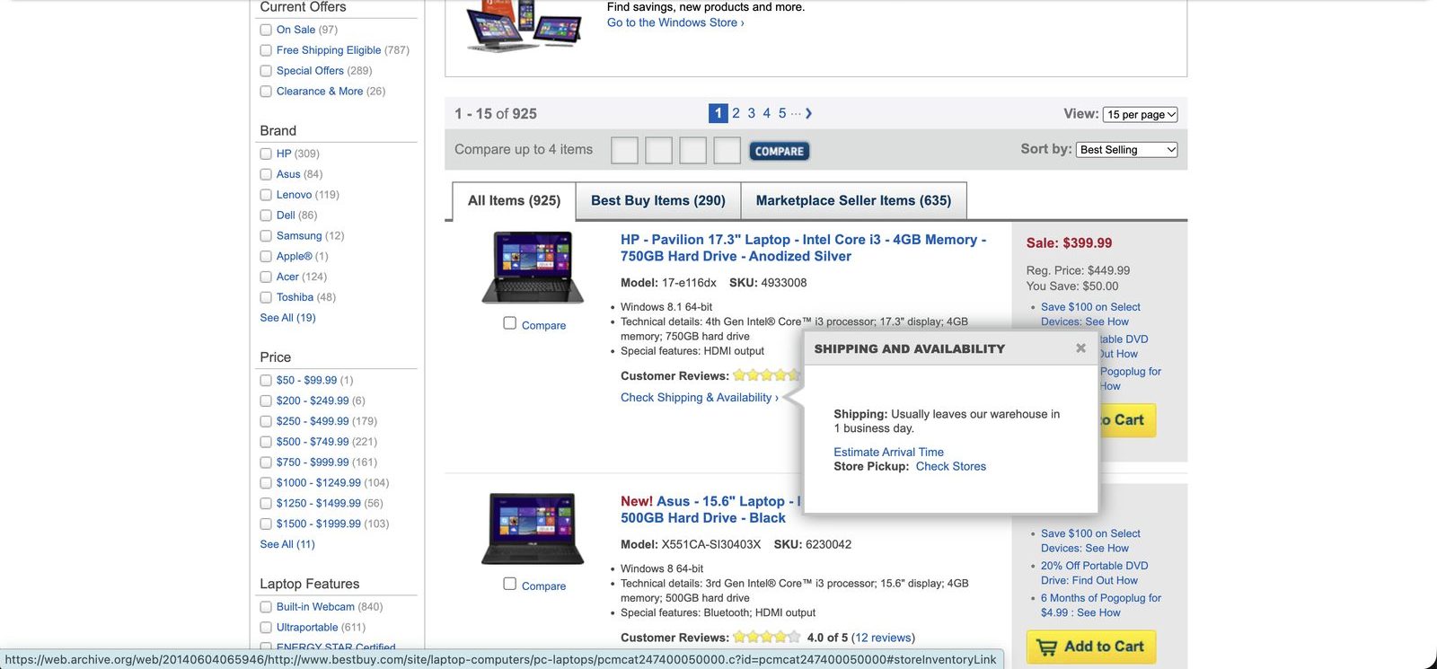 Best Buy laptop listings in June 2014 with a Shipping and Availability lightbox saying the item usually leaves the warehouse in 1 business day