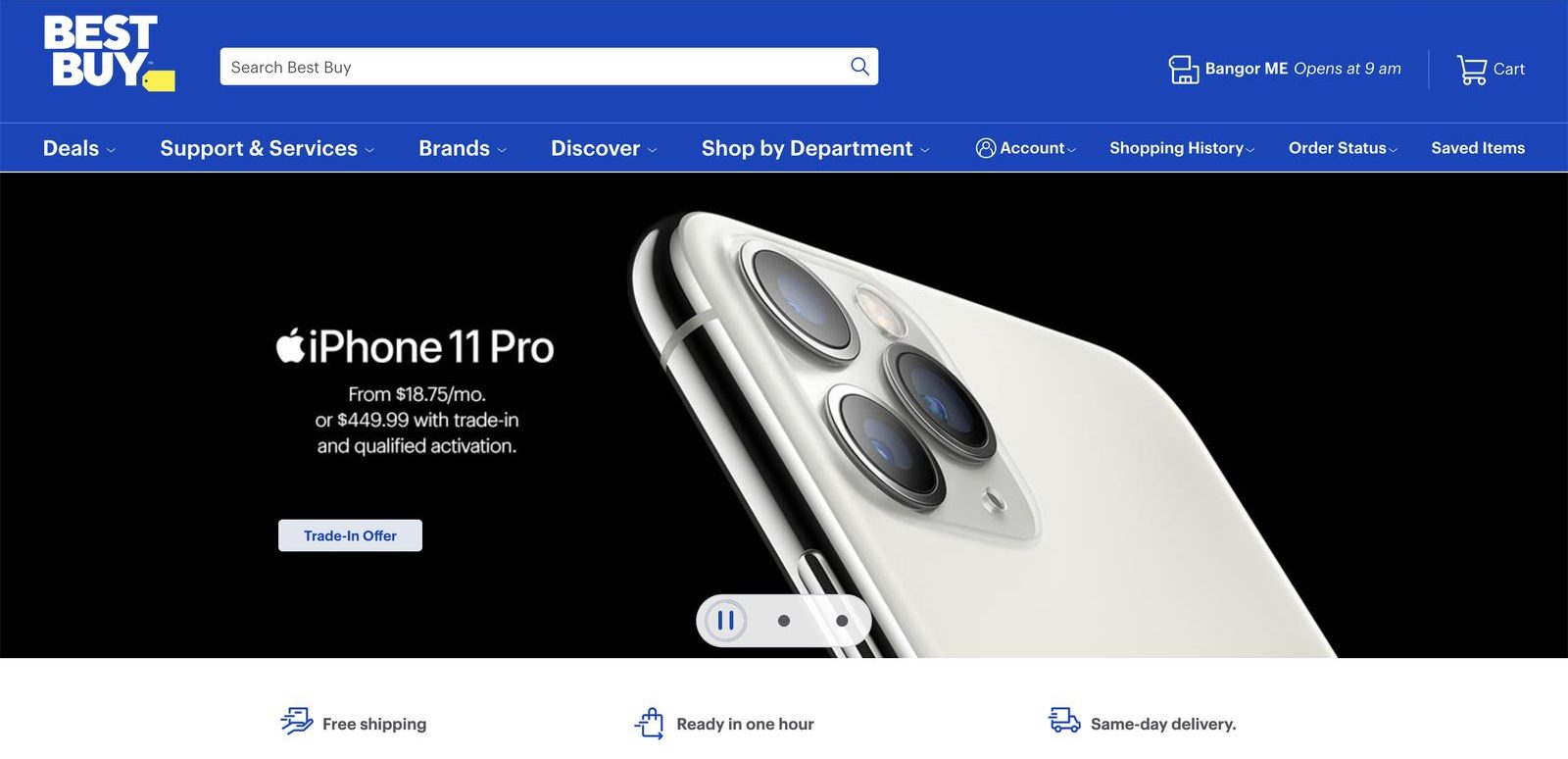Bestbuy.com home page in October 2019, promoting free shipping, ready in one hour and same-day delivery