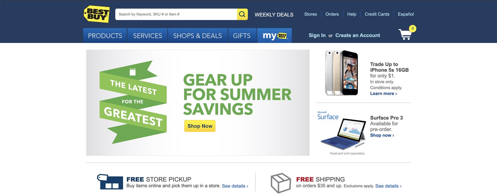 Bestbuy.com home page in June 2014, promoting free store pickup and free shipping on orders of $35 and up
